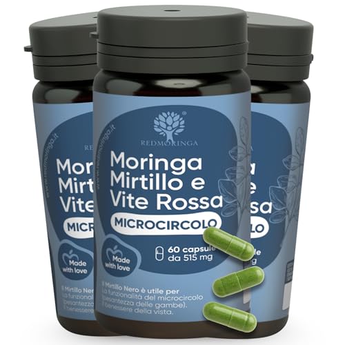 Integratore Microcircolo Gambe Mirtillo Nero e Vite Rossa con Moringa BIO - NUOVA FORMULA - Vite rossa Integratore Riduce Pesantezza e stimola Circolazione Gambe | 180 Capsule 100% Naturali RedMoringa