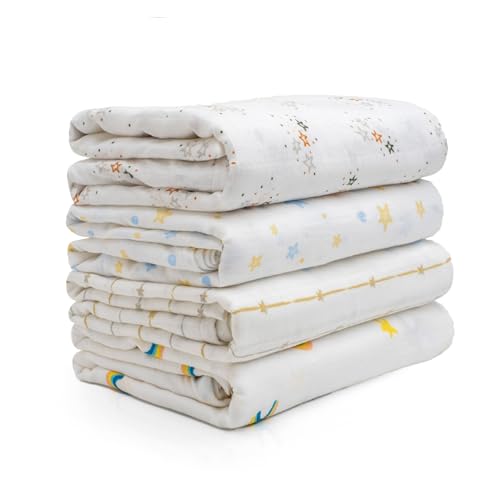 Salt Earth 100% Organic Cotton GOTS Certified 2-Layered Swaddle Baby Blanket, 4 Pack,47\"x47\" Receiving Blankets for Swaddling,Wrap for Boy & Girl, Newborn Baby Essentials, Registry (Star & Rainbow)
