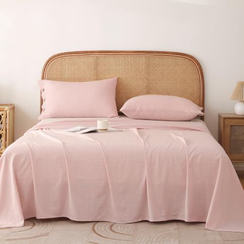 Image of Story@Home Linen King Size Bedsheet Cotton Textured Flat Sheet with 2 Pillow Covers Super Soft Bed Sheet for King Size Bed | 300 TC Solid Pattern | 250 x 270 cm | Blush Pink