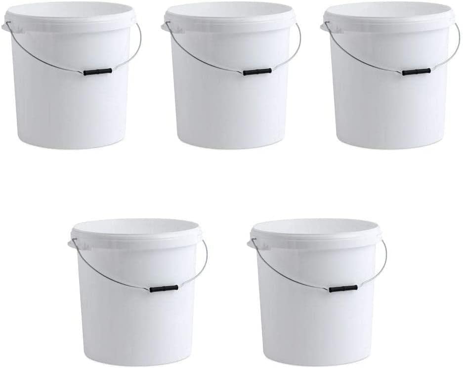 Pack of 5 x 30 Litre White Round Bucket with Lid & Metal Handle