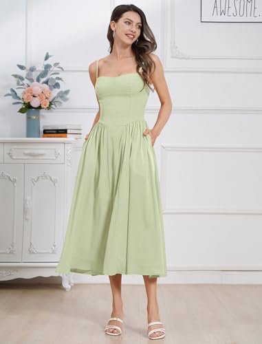 Image of ABEHIK Women Floral Corset Dress Boho Spaghetti Strap Lace Up Casual Midi Dresses with Pockets Low Cut Flowy Bustier Sundress