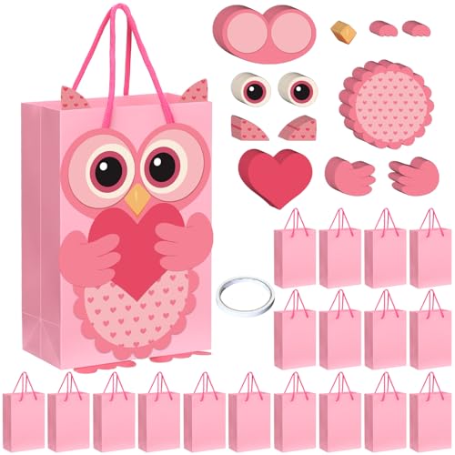 Resholder 18 Pcs DIY Funny Valentines Bags Crafts Kit for People Cute Candy Box with Handle Gift Paper Bag DIY Valentine Crafts for Exchange Party Favors Gift Wrapping Activities Bulk(Pink,Owl)