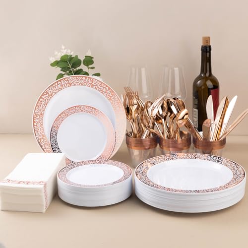 Bestluck 700PCS Rose Gold Plastic Dinnerware Set for 100 Guests, Disposable Plates for Party, Wedding, Include 100 Rose Dinner Plates, 100 Dessert Plates, 100 Set Silverware, 100 Cups, 100 Napkins by Bestluck - Image 6