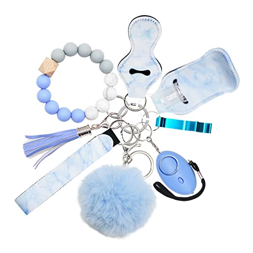 Meture Safety Keychain For Women Keychain Bracelet For Women With Personal Alarm Protection Accessories 9Pcs Silicone Beaded Elastic Girl Keychain Set Girl Key Chains For Car Keys Blue #TOP26