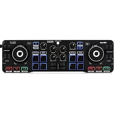 Hercules DJControl Starlight Portable 2-Channel DJ Controller with USB-C to USB-A Adapter - Compact and Lightweight DJ Controller for Beginners and Pros, Perfect for Mixing and Scratching