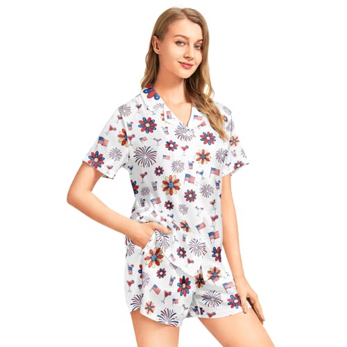 Image of Funny Pajamas for Women Set Print Satin Loungewear Pjs Short Sleeve Button Down Top and Shorts Sets Sleepwear XS-3XL