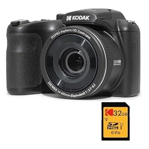 KODAK Pixpro Astro Zoom AZ255 + Carte Mémoire SD 32 Go - Appareil Photo Bridge Numérique 16 Mp, Zoom 25X, Video HD 1080p, Grand angle 24 mm, Ecran LCD 3, Pile AA - Noir