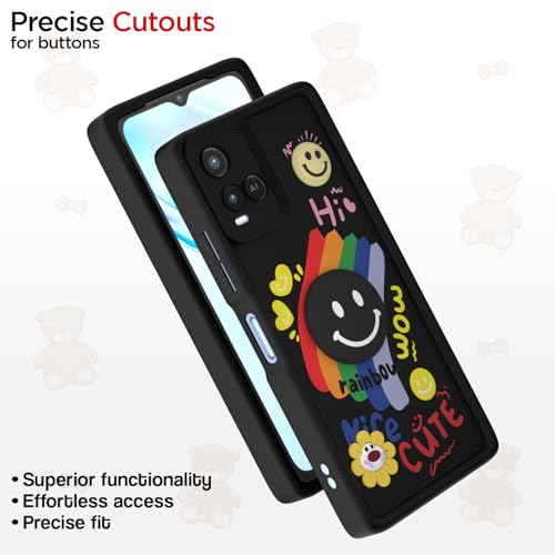 Image of Pikkme Back Cover for Vivo Y21 2021 / Y33s | Soft Silicone| Cute Rainbow Smile & 3D Cartoon Flower Design | Shockproof Raised Camera Protection Bumper Case (Black)