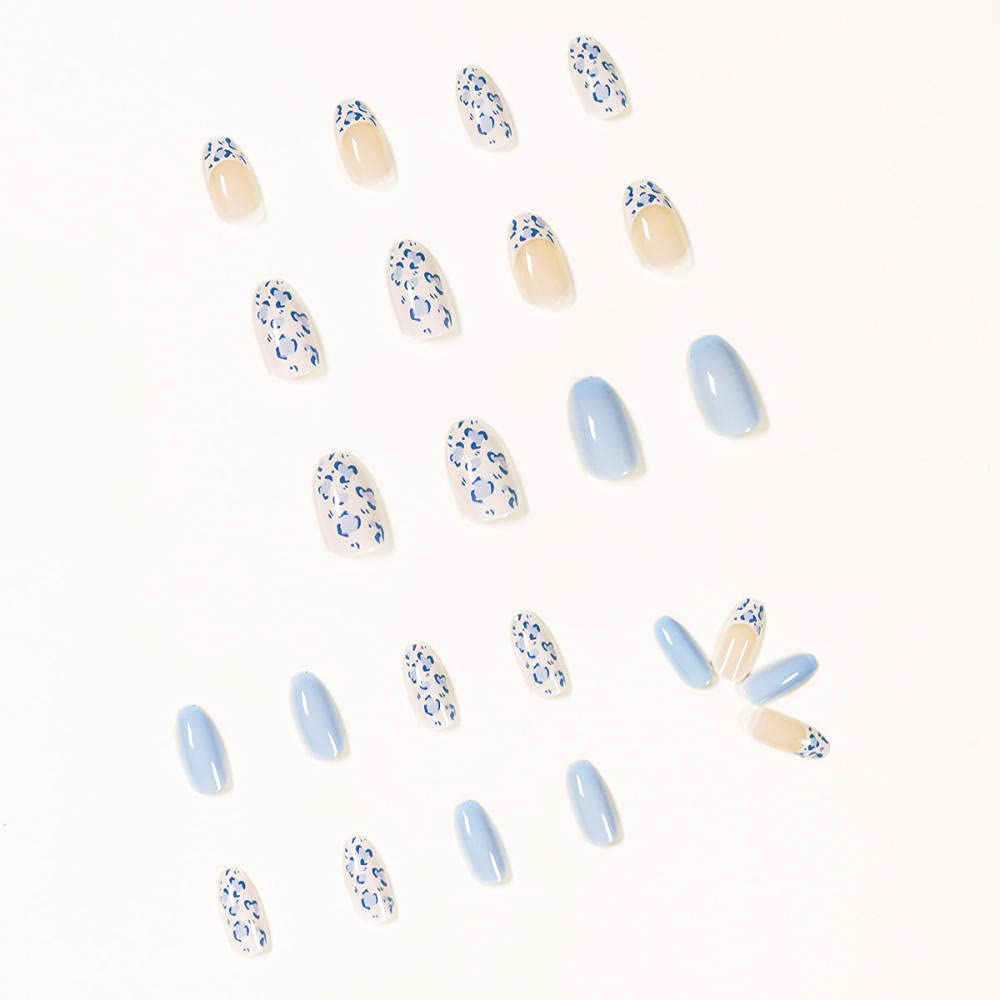 GeRRiT False Nails 24pcs False Nail Blue Sky White Leopard Pattern Design Press On Nail French Coffin Full Cover Fake Nails DIY Manicure Tools