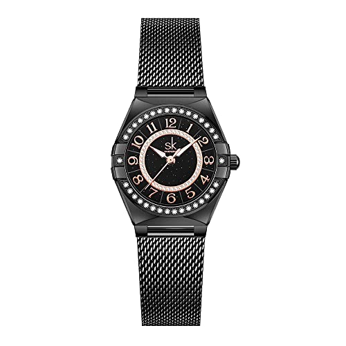 Shengke Sk Ladies Easy Read Watch With Arabic Numerals Crystal Diamond Women Dress Watches Water Resistant (Black Mesh) #TOP21