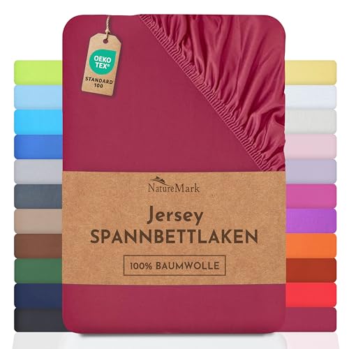 NatureMark Jersey Spannbettlaken, Spannbetttuch 100% Baumwolle in vielen Größen und Farben MARKENQUALITÄT ÖKOTEX Standard 100 | 140 x 200 cm - 160 x 200 cm - Bordeaux rot