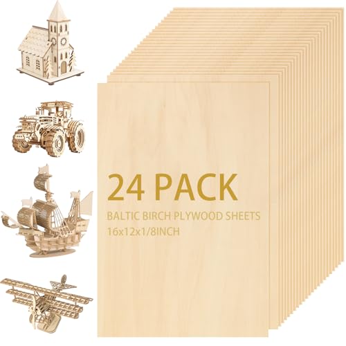24Pcs 16 x 12 x 1/8 Inch Baltic Birch Plywood Sheets 3mm Unfinished Plywood Sheet for Arts and Crafts, Painting, Pyrography, Wood Engraving, Wood Burning, Laser, Architectural Models
