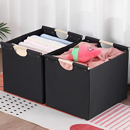 HOONEX Large Collapsible Storage Bins, Linen Fabric, Pack of 2, Storage Baskets with Wooden Carry Handles and Sturdy Heavy Cardboard, for Home, Office, Car, Nursery, Black by HOONEX - Image 4