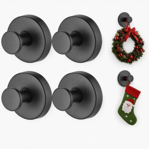 Stainless Steel Vacuum Suction Cup Hooks for Christmas Wreath, 4-Pack Black | GeeRic No-Drill Towel for Christmas Wreaths, Clothes Hooks for Kitchen and Bathroom, Modern Minimalist Design