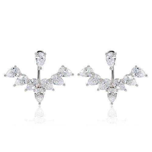 Marquise & Round Brilliant Cubic Zirconia Floral Front Back Jacket Earrings Plated in White Gold