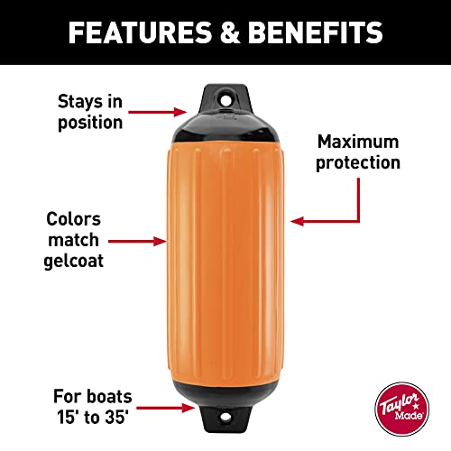 Image of Taylor Made Super Gard Boat Fender, Blaze Orange (6.5 inch x 22 inch) Double-Molded Ends, Ribbed Technology to Minimize Roll, Rubber Football Needle Inflation Valve, Marine-Grade Vinyl, 5 /8 inch Eyelets - 730622