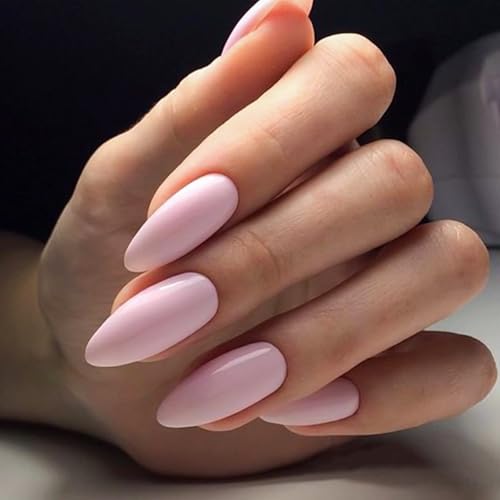 YOSOMMK Pink Fake Nails Almond Press on Nails Medium Glossy Stick on Nail Cute Glue on Acrylic False Nail for Women and Girls