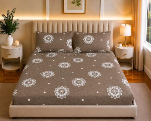 Image of Castiqa Elastic Fitted Supersoft Premium Polycotton 200TC King Size Bedsheets with 2 Pillow Covers | No Slip Bedsheet | (Brown Sn Floral, King (72x78 Upto 10 inch Mattress))