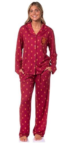 Harry Potter Womens Gryffindor Allover Lion Design Classic Pajamas Button-Up Top and Pants Lounge Sleep Set (X-Large)