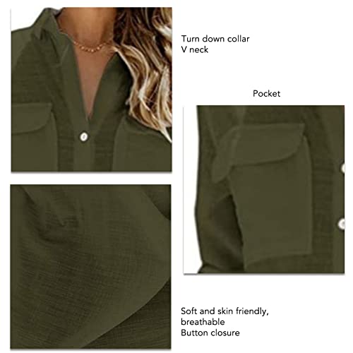 Camisa de gola virada, blusa de botão moderna gola V para encontros e festas femininas, Verde, X-Lar