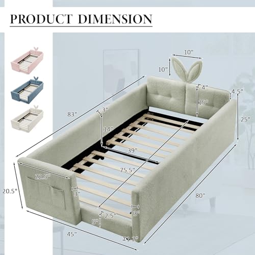 Image of Twin Size Bed Frame for Kids, Upholstered Daybed Frame Floor Bed with Safety Rails and Storage Pocket Cute Rabbit Ear Shaped Headboard for Kids Teens Boys Girls, Green