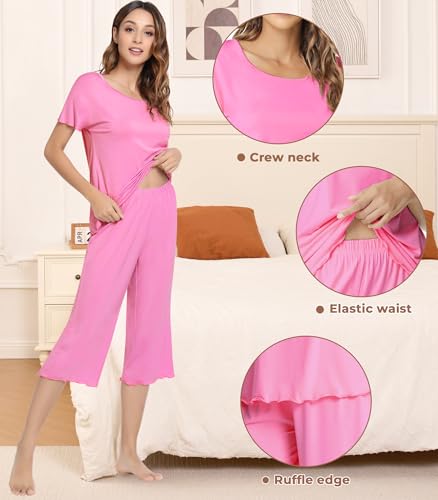 Image of NACHILA Women's Bamboo Viscose Pajama Sets Summer Cooling Short Sleeve Capri Soft Pjs Night Sweats Moisture Wicking Sleepwear