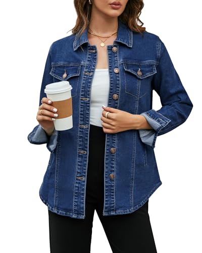 Vetinee Shacket Damen Jacke Jeansjacke Damen Oversize Abendrot Blau Größe X-Large Passt EU Größe 46 bis EU Größe 48