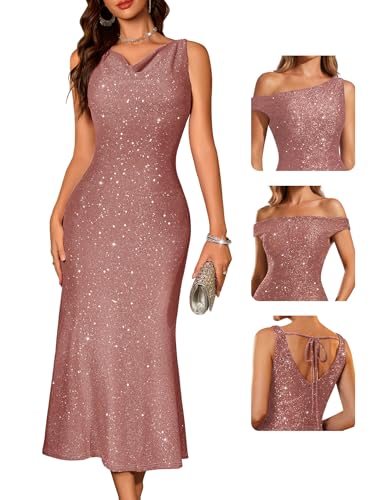 BeryLove Cocktail Formal Wedding Guest Sequin Gown Prom Midi Evening Party Bodycon Sparkle Dresses Ruched Christmas Sleeveless Long Dress 0035 Blush L