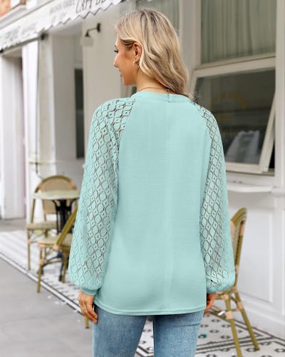 MIHOLL Womens Elegant Lace Sleeve Knit Top Soft Lightweight Crew Neck Pullover Sweater Casual Chic Spring Fall Blouse 2026(Lake Blue, X-Large)