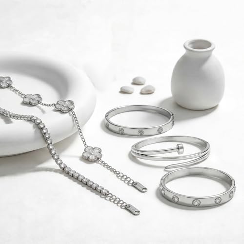 Silver Bracelets for Women-5Sets/4Sets/3ets, Sterling Silver Bracelet,Stainless Steel Bangle Bracelets Non Tarnish, Silver Bracelet Set Trendy Jewelry, Valentines Birthday Prom Christmas Jewelry Gifts — view 5