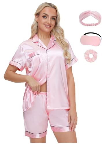 EPLAZA Conjunto de pijama de satén sedoso para mujer con máscara de ojos, banda para el pelo, lazo para el pelo, manga larga, botones, ropa de dormir, Pantalón corto rosa, Large