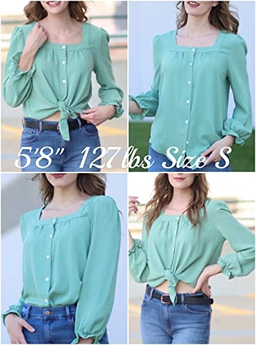 Square Neck Tops For Womens Dressy Casual Puff Sleeve Shirts Button Up Tshirts Tunic Spring Plain Clothes Fashion 2023 Green #TOP1