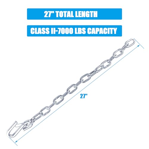 Image of 27 inch Trailer Safety Chain with Heavy Duty 17 /32 inch Spring Hooks, Grade 30 Zinc-Plated Steel Towing Chain Kit 7000 lbs Capacity for RV, Utility Trailer & Boat, 23 inch Chain Length, 2 Pack