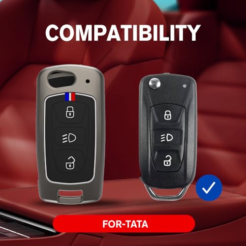 Image of Ashar Key Hub Metal Key Cover Compatible with Tata Curvv, Nexon, Punch, Bolt, Zica, Tiago, Tigor, Zest, Hexa, Safari Storme, Harrier, Altroz 3 (Button Flip Key) Grey