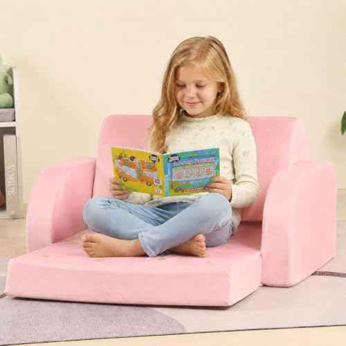 MOMCAYWEX Kids Sofa, 3-in-1 Flip Open Toddler Couch, Comfy Kids Lounger, Velvet Fabric, Extra Wide, Pink