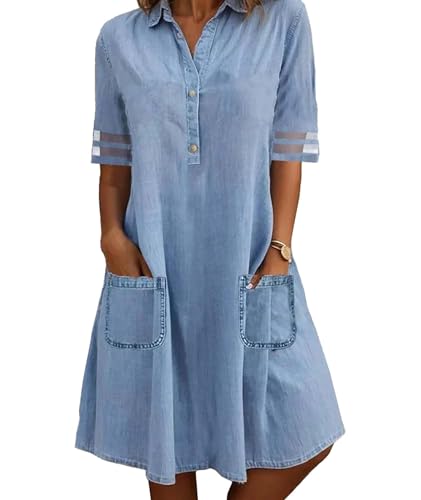 Image of SOMTHRON Women's Denim Shirt Dress Lapel Tulle Short Sleeve Button Down Loose Jean Tunic Midi Dress with Pockets