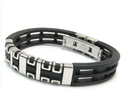 Atlas Jewels Men's Stainless Steel Ridges Black Rubber Bracelet