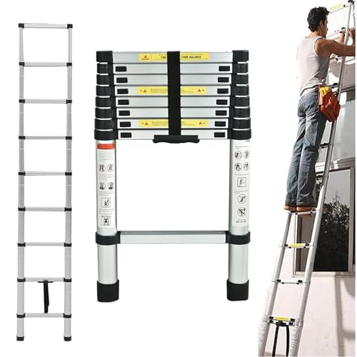 Telescopic Ladder 2.6m/8.5FT,Aluminum Lightweight Extension Ladder with Automatic Locking,Non-Slip Feet,Load 150kg/330lb,Multi-Purpose Collapsible Ladder for Household and Outdoor Working