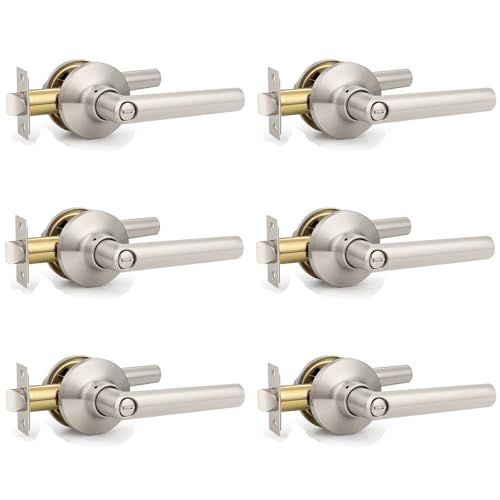 GOBEKOR 6 Pack Brushed Nickel Door Handles Privacy Door Levers with Lock,Heavy Duty Interior Door Handles for Bedroom and Bathroom,Sleek Round Door Lever Satin Nickel with No Key