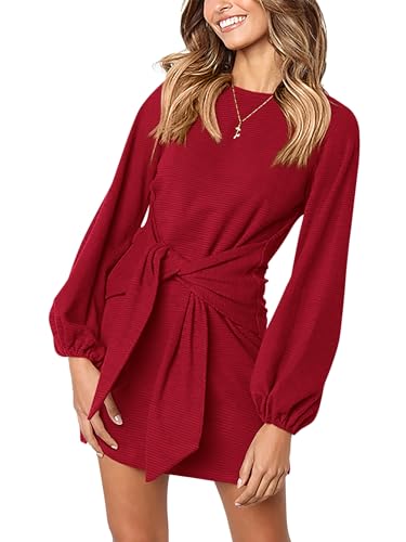 PRETTYGARDEN Womens Spring Elegant Long Lantern Sleeve Short Dress Wedding Guest Crewneck Tie Waist Knit Cocktail Dresses (Red,Medium)