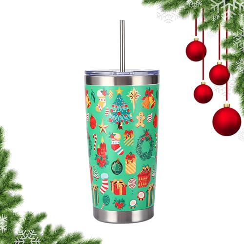Satiskid Christmas Tumbler with Lid Straw Stainless Steel Insulated Travel Mug Gifts for Christmas Double Wall Cup with Christmas Elements Cleaning Brush Thermos for Keep Hot/Ice Coffee Tea (Green)