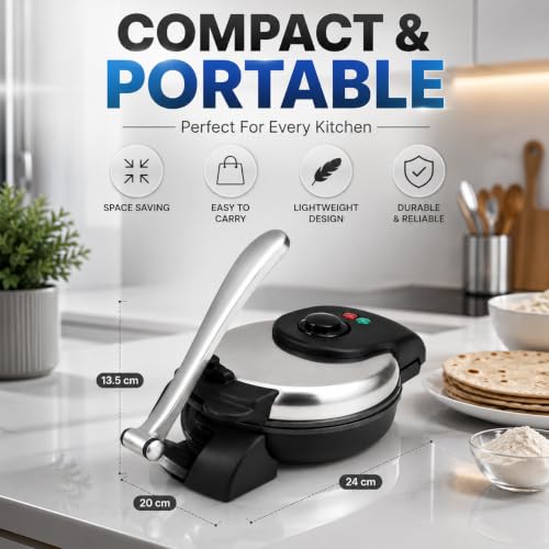 Image of Elevea 𝟏𝟓 𝐘𝐞𝐚𝐫 𝐋𝐨𝐧𝐠 𝐋𝐢𝐟𝐞 𝐖𝐚𝐫𝐫𝐚𝐧𝐭𝐲 Electric Roti Maker, Non Stick Chapati Maker, Portable Dough Press, Fast Cooking Roti Machine with Indicator Light for Home Kitchen