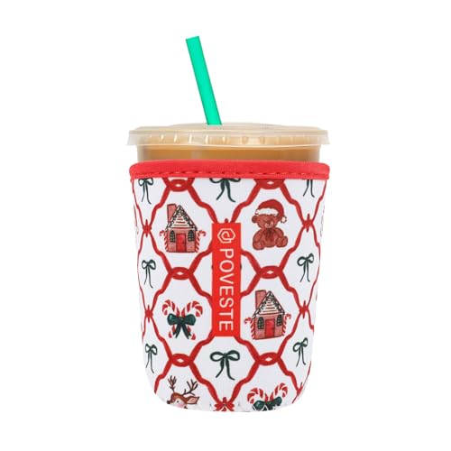 Image of Reusable Neoprene Insulator Sleeve for Iced Coffee & Cold Soda, Coffee Sleeves for Iced & Hot Drinks, Cold Beverage Cooler Compatible with Starbucks, Dunkin (Bow Christmas, Small: 16-18oz)