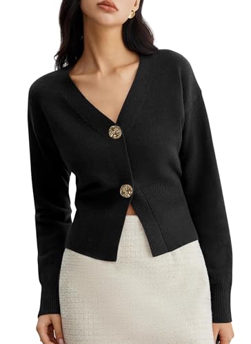 Women V Neck Cropped Cardigan Sweaters Slim Fitted Long Sleeve Fall Button Up Knit Cardigans Black S