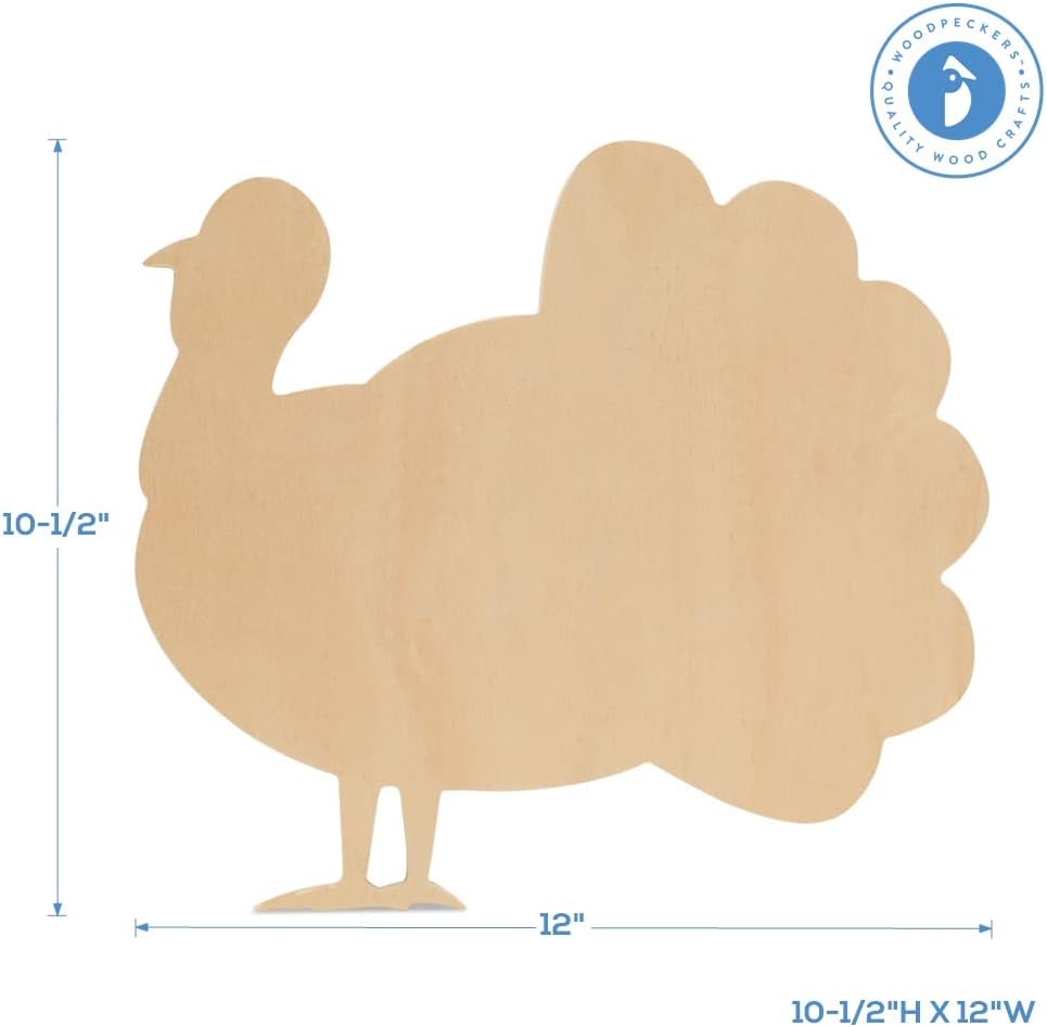 Classic Wood Turkey Cutouts 12 inch, Pack of 3 Unfinished Wooden Cutouts for Crafting, and DIY Thanksgiving Party Decorations, by Woodpeckers