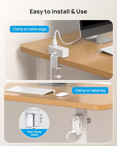 Image of TROND Compact Desk Clamp Power Strip 15 ft, Fit 2.16 inch Tabletop Edge, White
