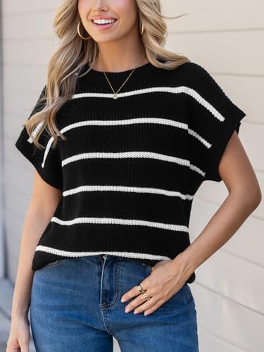 Image of CUPSHE Womens Knit Short Sleeve Sweater Striped Crew Neck Cap Sleeve Top Casual Pullover Tops