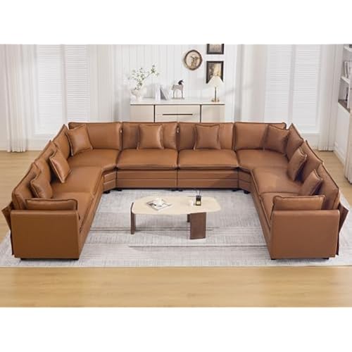 147'' Oversized U Shaped Cloud Sectional Sofa, Leather Deep Seat Couches for Living Room, Comfy Upholstered Modular Sectional Sofa Couch, Leather Light Brown