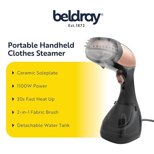 Beldray BEL01552RG-150 Handheld Clothes Steamer - Portable Vertical Garment Steamer, 1100W Wrinkle Remover, 180ml Detachable Water Tank, 30 Second Fast Heat Up, 2-In-1 Fabric & Lint Brush, Rose Gold