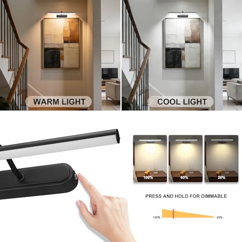 Image of RAIFOOLLY Picture Light, Art Light for Paintings, 5000mAhBattery Operated Wall Light, Remote Accent Light with Timer and Dimmable for Frame, Portrait, Dartboard - Black 2PK